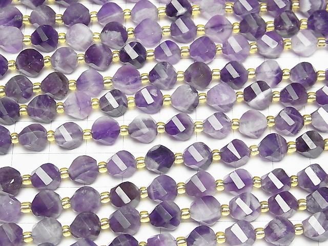 [Video]High Quality! Stripe Amethyst Twist x Multiple Facets 8x6x6mm 1strand beads (aprx.15inch/36cm)