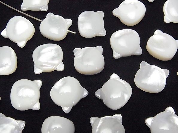 [Video] White Shell (Silver-lip Oyster) AAA Cat Motif 10x9.5mm [Horizontal hole] 1pc