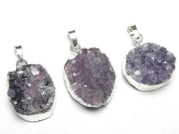 [Video] Druzy Amethyst Pendant Silver color 1pc