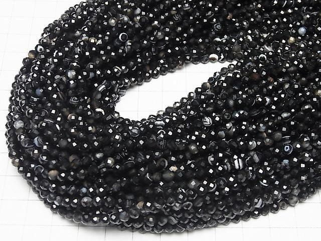 [Video]High Quality! Striped Onyx Faceted Round 4mm 1strand beads (aprx.15inch/36cm)