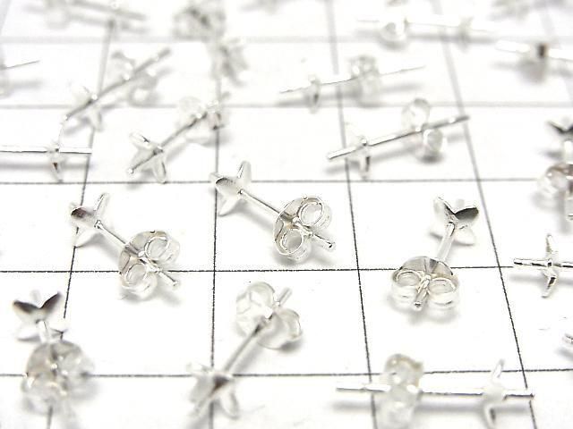 Silver 925 Earstuds & Earnuts with Plates [4.5mm] Flower Design, No Coating, 2 Pairs