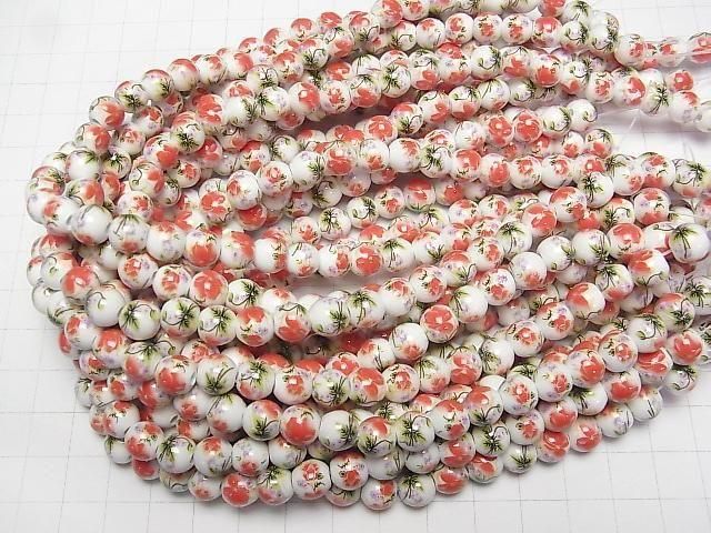 [Video] Ceramic beads Round 8mm [Floral pattern/Red] 1strand beads (aprx.12inch/29cm)