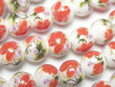 [Video] Ceramic beads Round 10mm [Floral pattern/Red] 1strand beads (aprx.12inch/30cm)