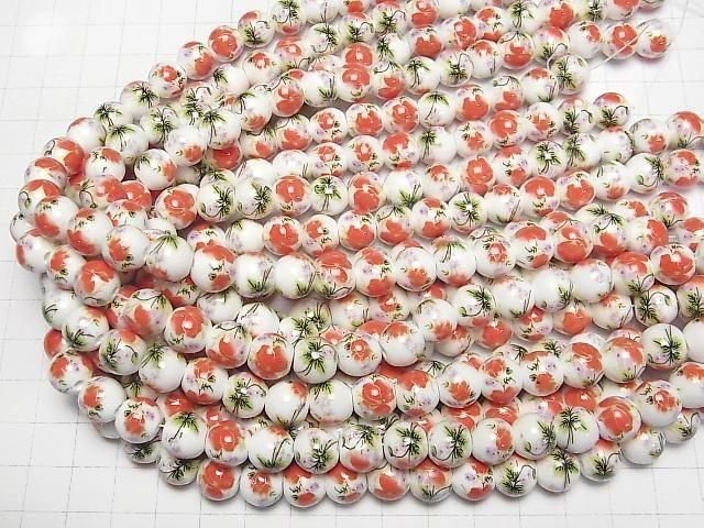 [Video] Ceramic beads Round 10mm [Floral pattern/Red] 1strand beads (aprx.12inch/30cm)