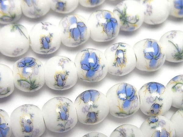 [Video] Ceramic beads Round 8mm [Floral pattern/Blue] 1strand beads (aprx.12inch/29cm)