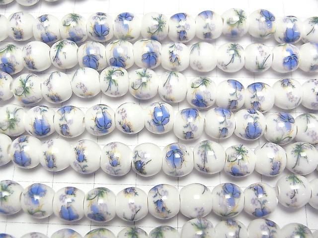 [Video] Ceramic beads Round 8mm [Floral pattern/Blue] 1strand beads (aprx.12inch/29cm)