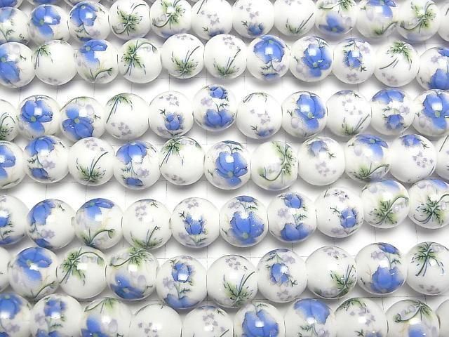 [Video] Ceramic beads Round 12mm [Floral pattern/Blue] 1strand beads (aprx.13inch/31cm)
