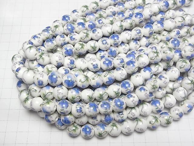 [Video] Ceramic beads Round 12mm [Floral pattern/Blue] 1strand beads (aprx.13inch/31cm)