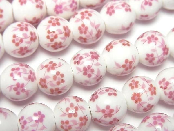 [Video] Ceramic beads Round 10mm [Small flower pattern/Pink] 1strand beads (aprx.12inch/30cm)