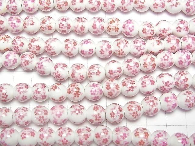 [Video] Ceramic beads Round 10mm [Small flower pattern/Pink] 1strand beads (aprx.12inch/30cm)