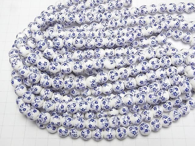 [Video] Ceramic beads Round 10mm [Small flower pattern/Blue] 1strand beads (aprx.12inch/30cm)