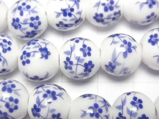 [Video] Ceramic beads Round 12mm [Small flower pattern/Blue] 1strand beads (aprx.13inch/31cm)