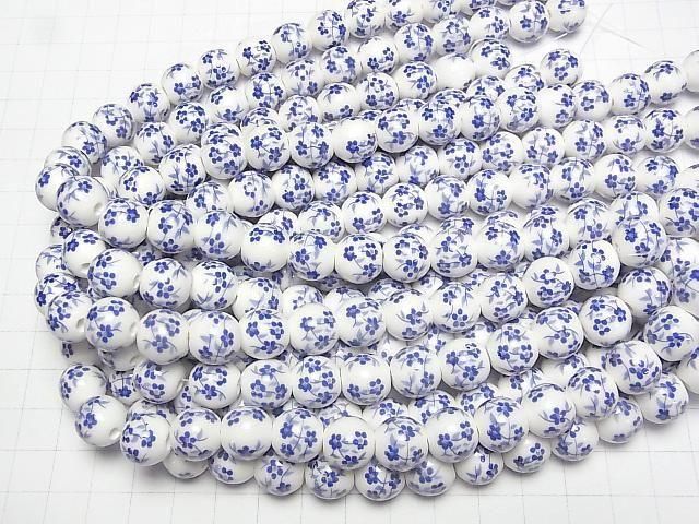 [Video] Ceramic beads Round 12mm [Small flower pattern/Blue] 1strand beads (aprx.13inch/31cm)