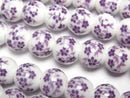 [Video] Ceramic beads Round 10mm [Small flower pattern/Purple] 1strand beads (aprx.12inch/30cm)