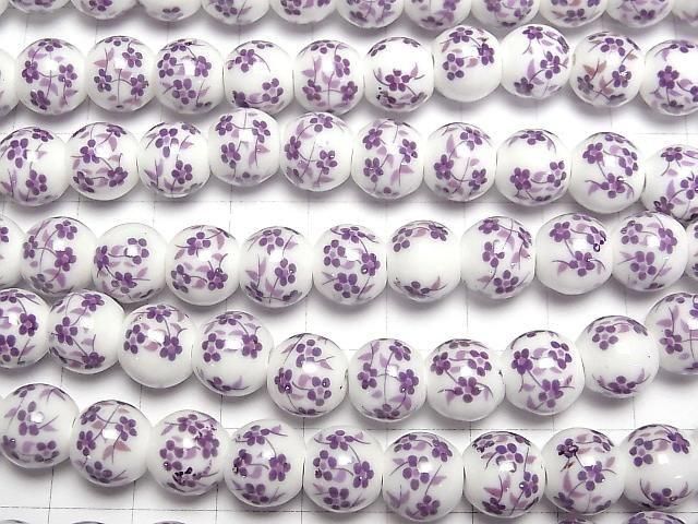[Video] Ceramic beads Round 10mm [Small flower pattern/Purple] 1strand beads (aprx.12inch/30cm)