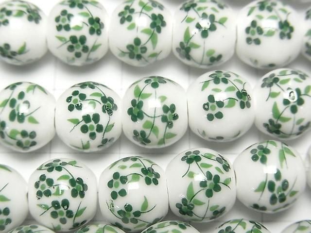 [Video] Ceramic beads Round 10mm [Small flower pattern/Green] 1strand beads (aprx.12inch/30cm)