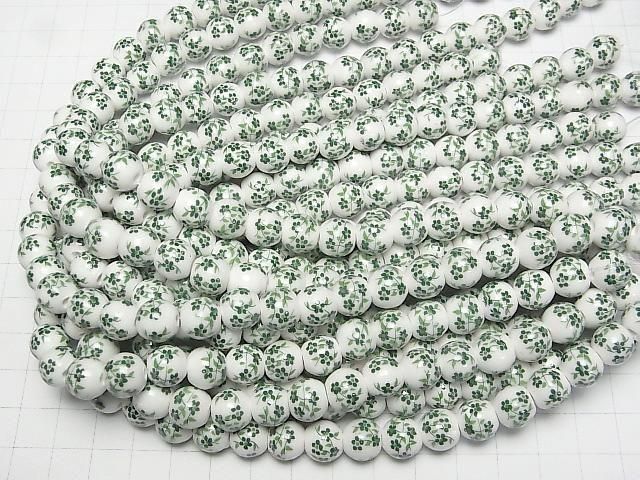 [Video] Ceramic beads Round 10mm [Small flower pattern/Green] 1strand beads (aprx.12inch/30cm)