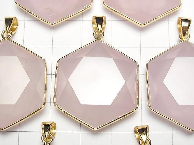 [Video] Rose Quartz AAA- Hexagram Pendant 32x29mm 18KGP 1pc