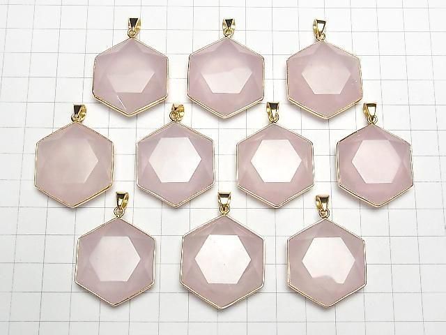 [Video] Rose Quartz AAA- Hexagram Pendant 32x29mm 18KGP 1pc