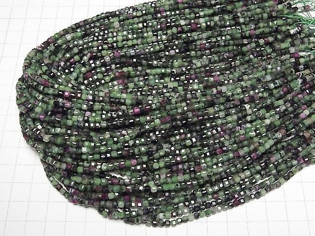 [Video]High Quality! Ruby in Zoisite Cube Shape 3x3x3mm 1strand beads (aprx.15inch/37cm)