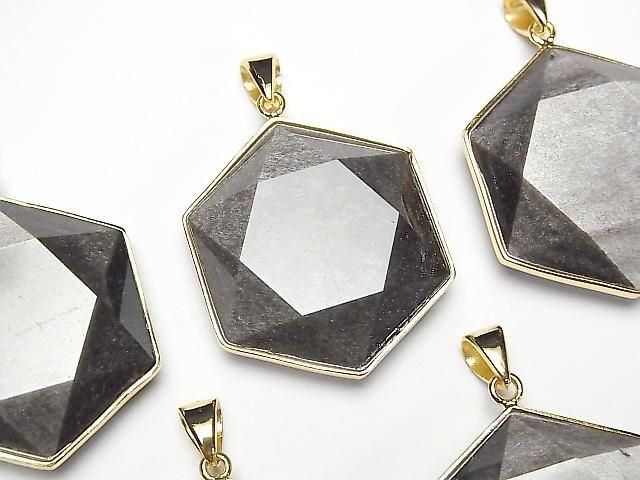 [Video] Silver Obsidian AAA- Hexagram Pendant 32x29mm 18KGP 1pc