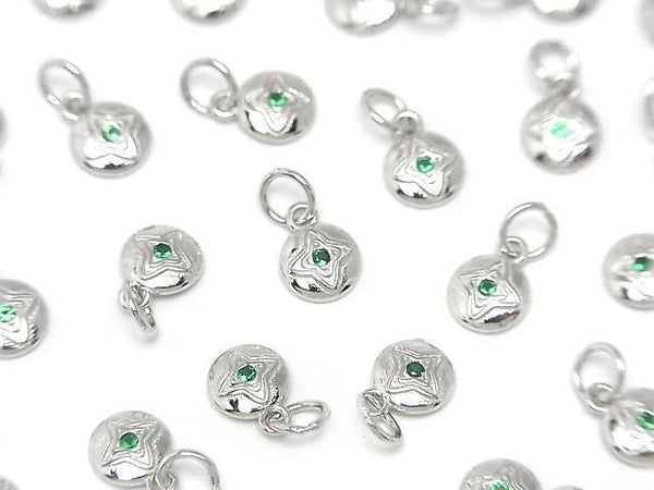 Silver925 Coin Charm with Jump Ring 7x5x1.5mm (with CZ) Rhodium Plated 2pcs