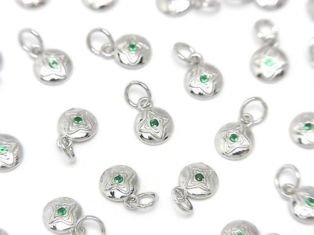 Silver925 Coin Charm with Jump Ring 7x5x1.5mm (with CZ) Rhodium Plated 2pcs