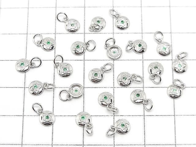 Silver925 Coin Charm with Jump Ring 7x5x1.5mm (with CZ) Rhodium Plated 2pcs