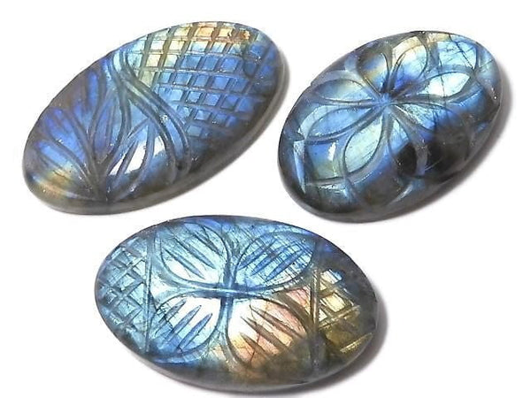 [Video][One of a kind] Rainbow Labradorite AAA- Carved Cabochon 3pcs Set NO.67