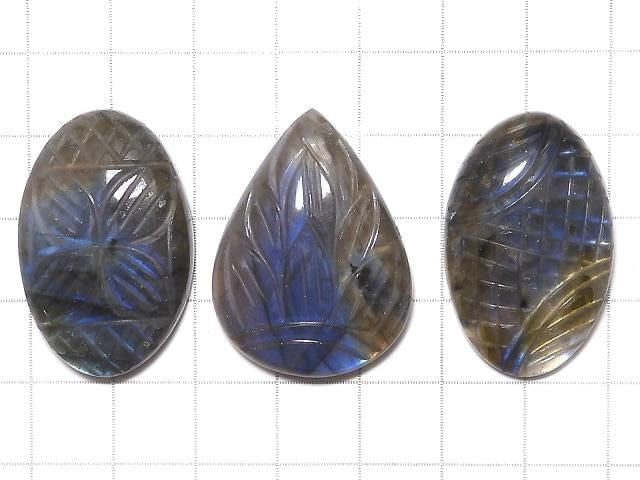 [Video][One of a kind] Rainbow Labradorite AAA- Carved Cabochon 3pcs Set NO.68