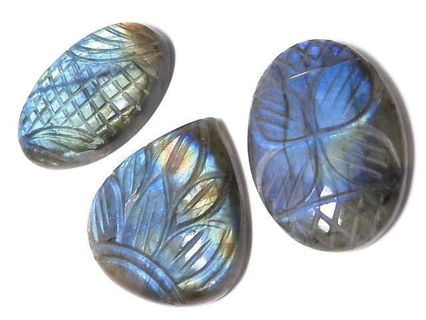 [Video][One of a kind] Rainbow Labradorite AAA- Carved Cabochon 3pcs Set NO.69