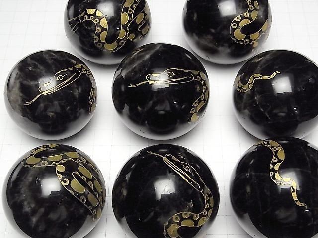 [Video] Golden! Carved Snake! Morion Crystal Quartz AA+ Sphere, Round 48-53mm 1pc