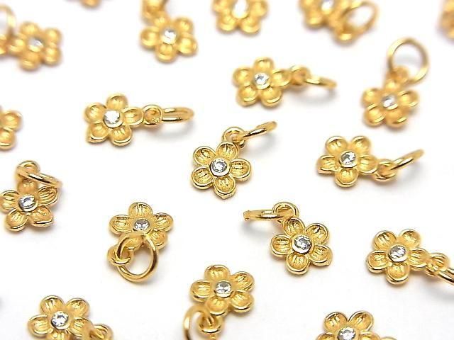 Silver 925 Jump Ring with Charm, Flower Design, 6.5x5x1mm (with CZ), 18KGP, 2pcs