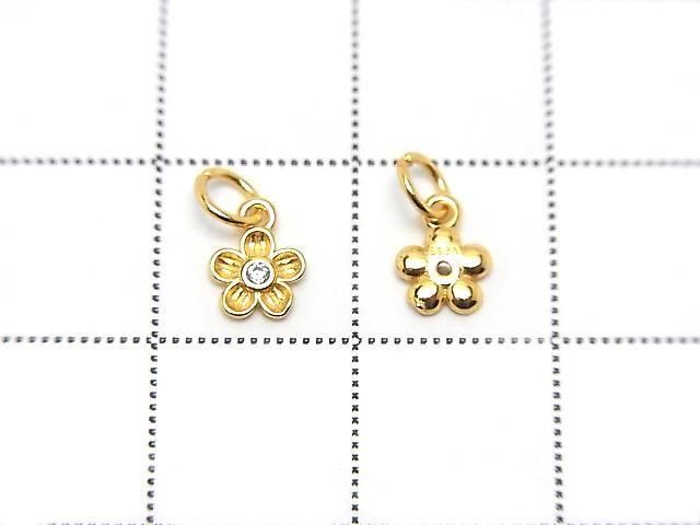 Silver 925 Jump Ring with Charm, Flower Design, 6.5x5x1mm (with CZ), 18KGP, 2pcs