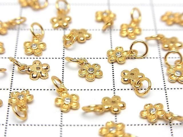 Silver 925 Jump Ring with Charm, Flower Design, 6.5x5x1mm (with CZ), 18KGP, 2pcs
