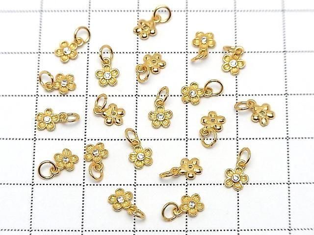 Silver 925 Jump Ring with Charm, Flower Design, 6.5x5x1mm (with CZ), 18KGP, 2pcs