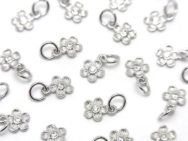 Silver 925 Jump Ring with Flower Charm 6.5x5x1mm (with CZ), Rhodium Plated, 2pcs