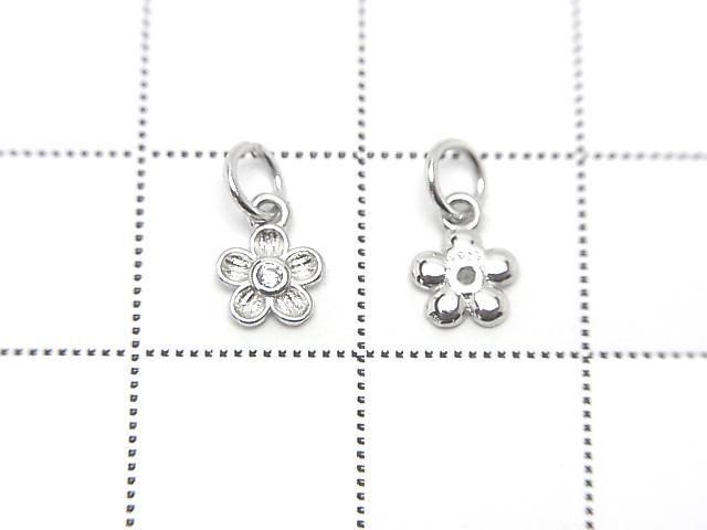 Silver 925 Jump Ring with Flower Charm 6.5x5x1mm (with CZ), Rhodium Plated, 2pcs