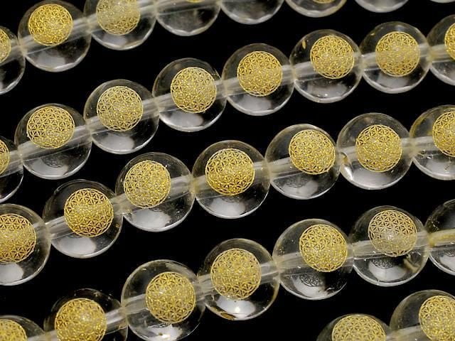 [Video] Gold! Flower of Life Carved! Crystal (Synthetic Quartz) AAA Round 8mm half or 1strand beads (aprx.14inch/34cm)