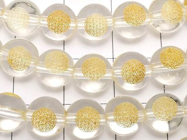 [Video] Gold! Flower of Life Carved! Crystal (Synthetic Quartz) AAA Round 8mm half or 1strand beads (aprx.14inch/34cm)