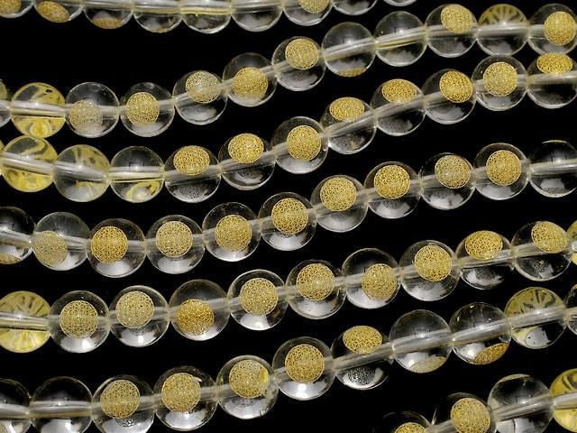 [Video] Gold! Flower of Life Carved! Crystal (Synthetic Quartz) AAA Round 8mm half or 1strand beads (aprx.14inch/34cm)