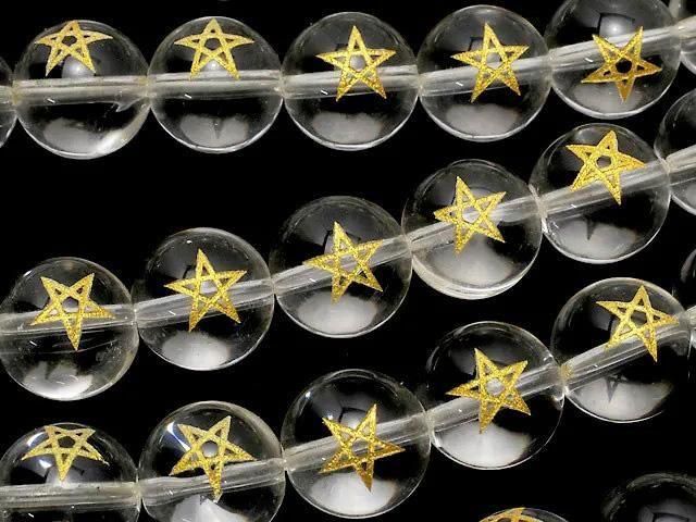 [Video] Gold! Pentagram Carved! Crystal (Synthetic Quartz) AAA Round 10,12mm half or 1strand beads (aprx.14inch/34cm)