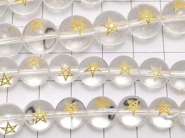 [Video] Gold! Pentagram Carved! Crystal (Synthetic Quartz) AAA Round 10,12mm half or 1strand beads (aprx.14inch/34cm)