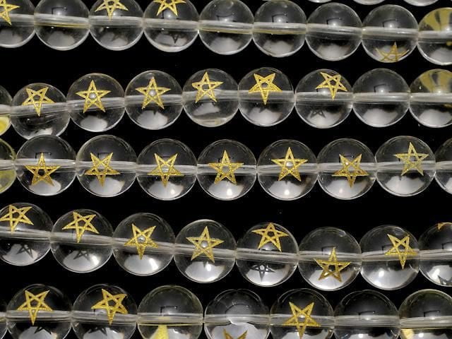 [Video] Gold! Pentagram Carved! Crystal (Synthetic Quartz) AAA Round 10,12mm half or 1strand beads (aprx.14inch/34cm)