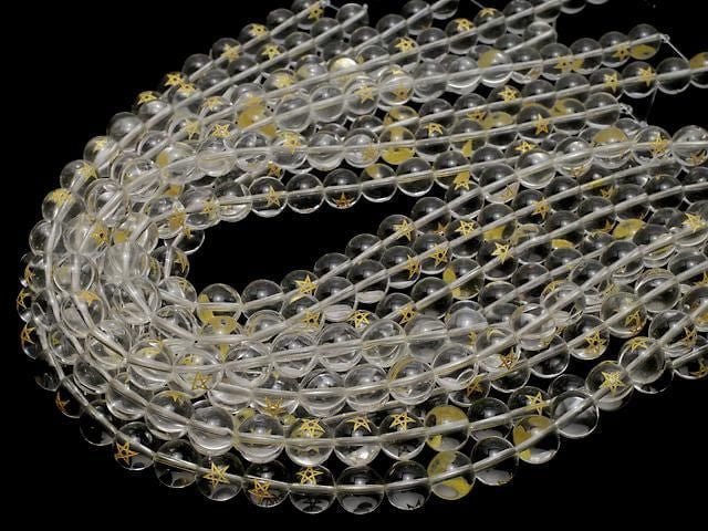 [Video] Gold! Pentagram Carved! Crystal (Synthetic Quartz) AAA Round 10,12mm half or 1strand beads (aprx.14inch/34cm)