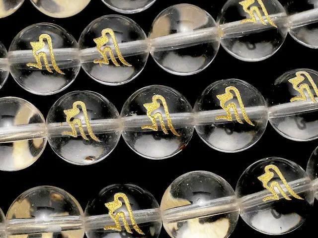 [Video] Gold! Krek (Sanskrit Characters) Carved! Crystal (Synthetic Quartz) AAA Round 12mm NO.2 half or 1strand beads (aprx.15inch/37cm)