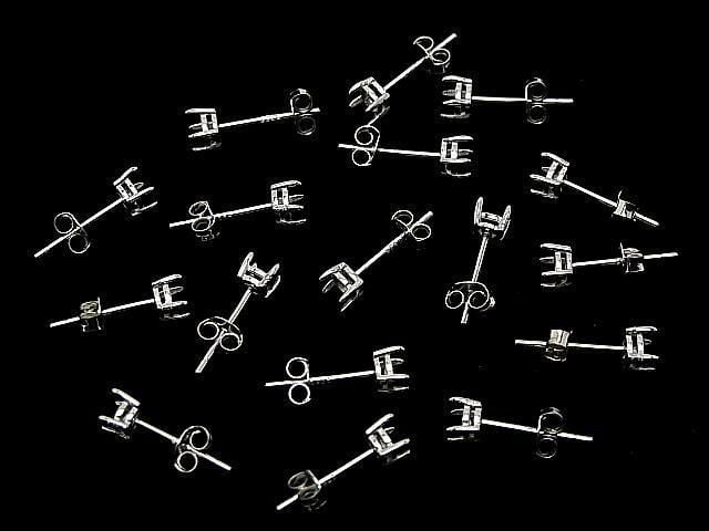 925純銀 4爪 耳針耳環底座與耳束 圓形刻面 [3毫米][4毫米] 鍍銠 1對 (2個)