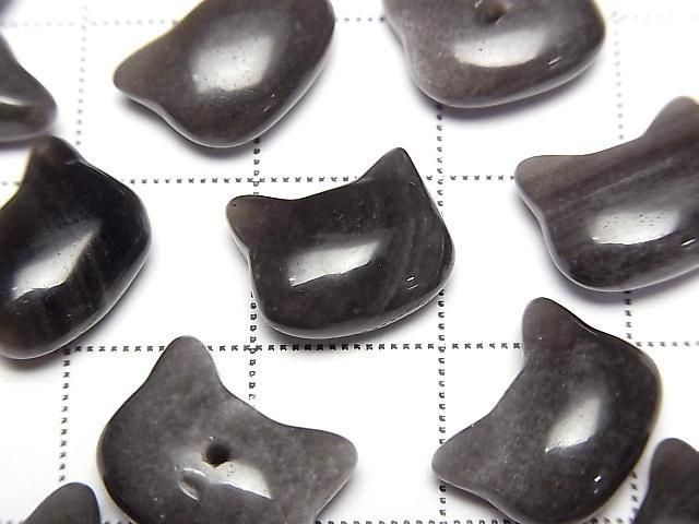 [Video] Silver Obsidian Cat Motif 10x12mm [Half Drilled Hole (Back)] 2pcs