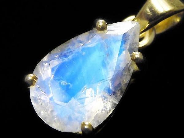 [Video][One of a kind] High Quality Rainbow Moonstone AAA Faceted Pendant 18KGP NO.68
