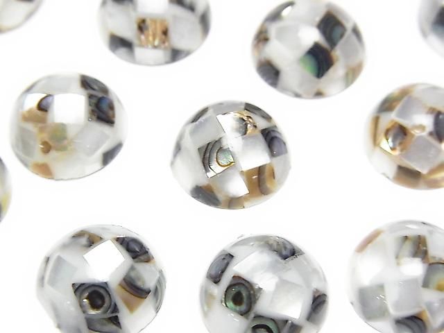 [Video] Mosaic Shell Round Cabochon 12x12mm [White x Abalone Shell] 3pcs
